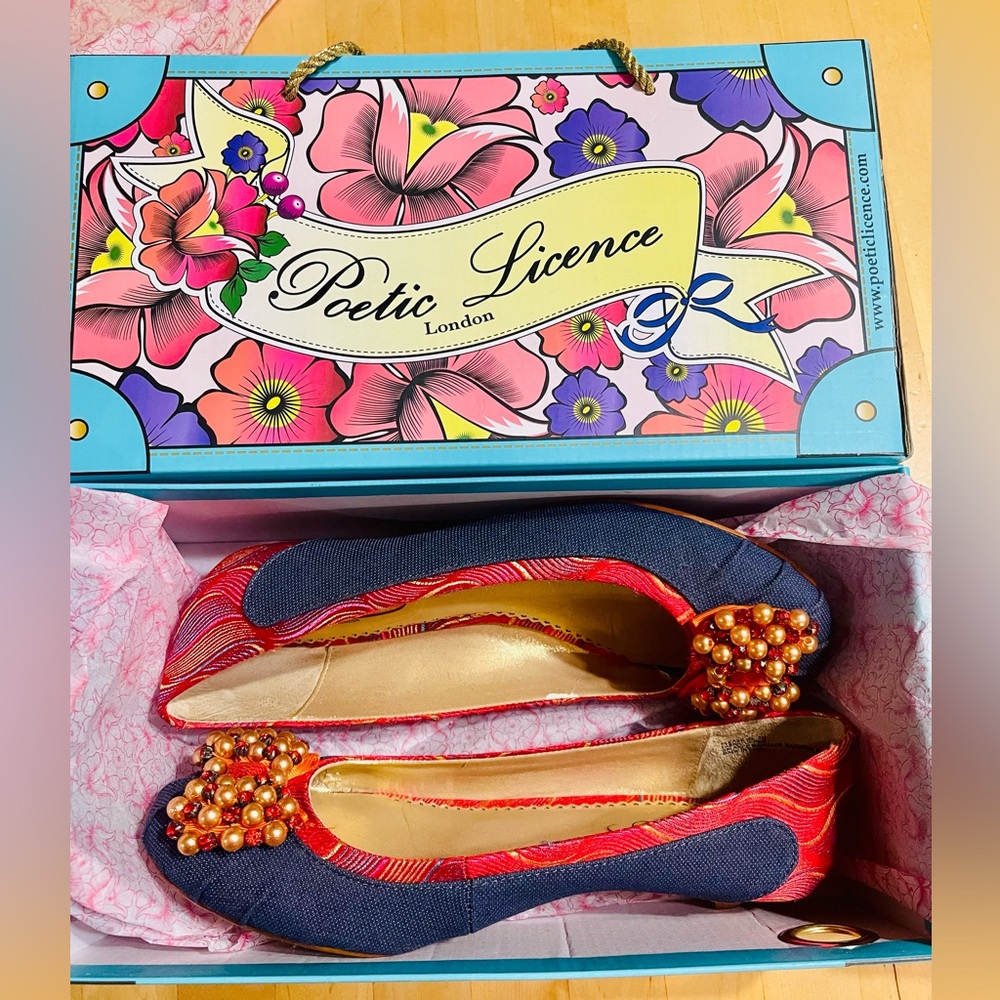 Poetic Licence Beaded Denim Kitten Heels, Size 8
